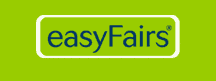 Logotyp som läser "easyFairs" i blå text på en ljusgrön bakgrund med en vit rektangulär kant.