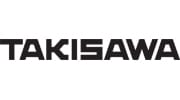Bilden visar Takisawa-logotypen, med varumärket skrivet med feta, svarta versaler.