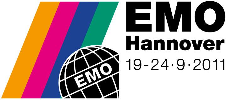 Logotyp för EMO Hannover 2011, med stiliserade färgglada ränder och en glob med "EMO"-text, och datumen 19-24 september 2011.