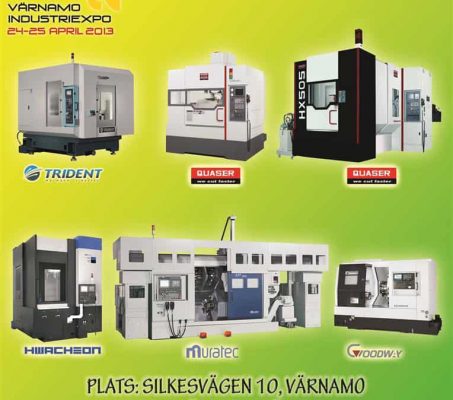Reklamaffisch för värnamo industriexpo som visar olika industrimaskiner från märken som trident och quaser, planerad till 24-25 april 2013 på silkesvägen 10, värnamo.