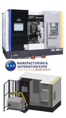 Reklamaffisch för tillverknings- och automationsexpo 2014 med bilder på avancerade industrimaskiner från takisawa och dmf.