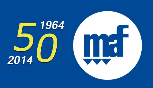 Logotyp till minne av en organisations 50-årsjubileum, med siffrorna "1964 - 2014" och förkortningen "maf" mot en blå bakgrund.