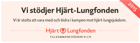 Rektangulär banderoll med text som stödjer hjärt-lungfonden på svenska, daterad 2015. röd och grå färgskala med stiftelsens logotyp.
