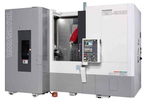 En taksawa tmx-2000 cnc-maskin med en röd robotarm och kontrollpanel, isolerad på en vit bakgrund.