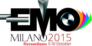 Logotyp för emo milano 2015, med fet, svart text och färgglad grafik, som indikerar en händelse på fieramilano från 5-10 oktober.