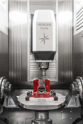 En vertikal cnc-fräsmaskin som arbetar på en röd metallkomponent.