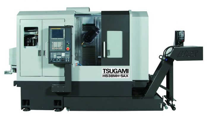 En tsugami h3bmh-5ax fleraxlig fräsmaskin, med ett stängt fack och en integrerad kontrollpanel.