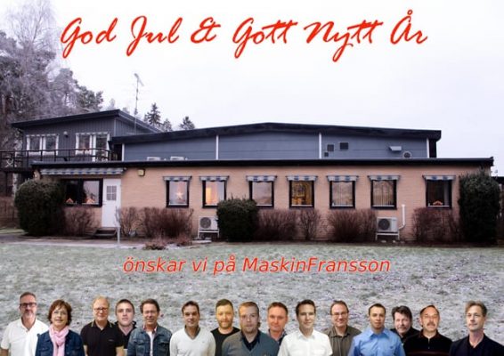 Ett företagshögtidskort med "god jul & gott nytt år" över en bild på en kontorsbyggnad och personalporträtt nedan, önskemål från maskinfransson.