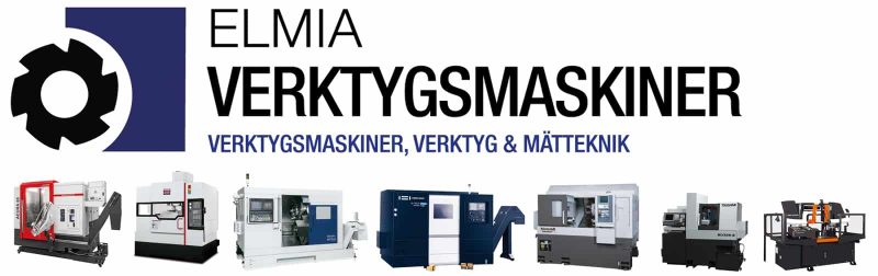 Banner för elmia verktygsmaskiner med logotyp och bilder på olika industrimaskiner som svarvar och fräsmaskiner.