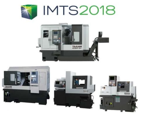 Fyra modeller av tsugami precisionsmaskiner, märkta imts 2018, visade mot en vit bakgrund.