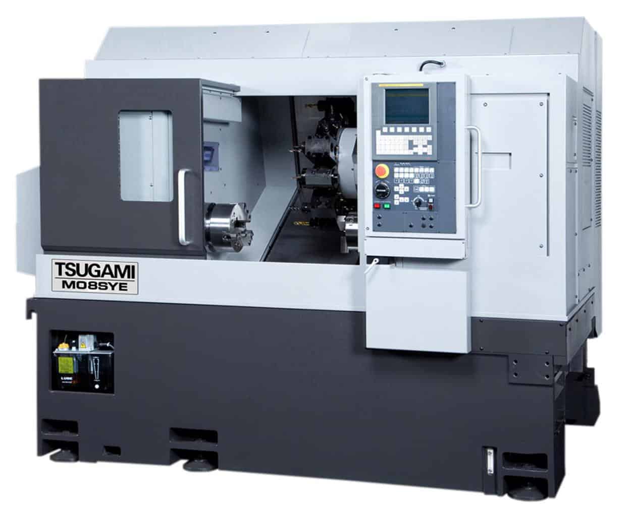 En tsugami m08sye cnc-svarvmaskin med kontrollpanel till höger, som används för precisionsbearbetning av metall.