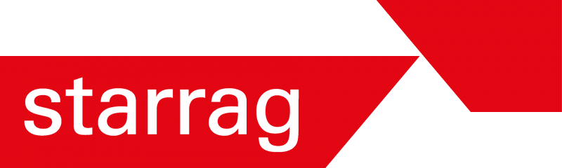 Bilden visar Starrags röda och vita logotyp, med namnet "starrag" med gemener på röd bakgrund och geometriska former.