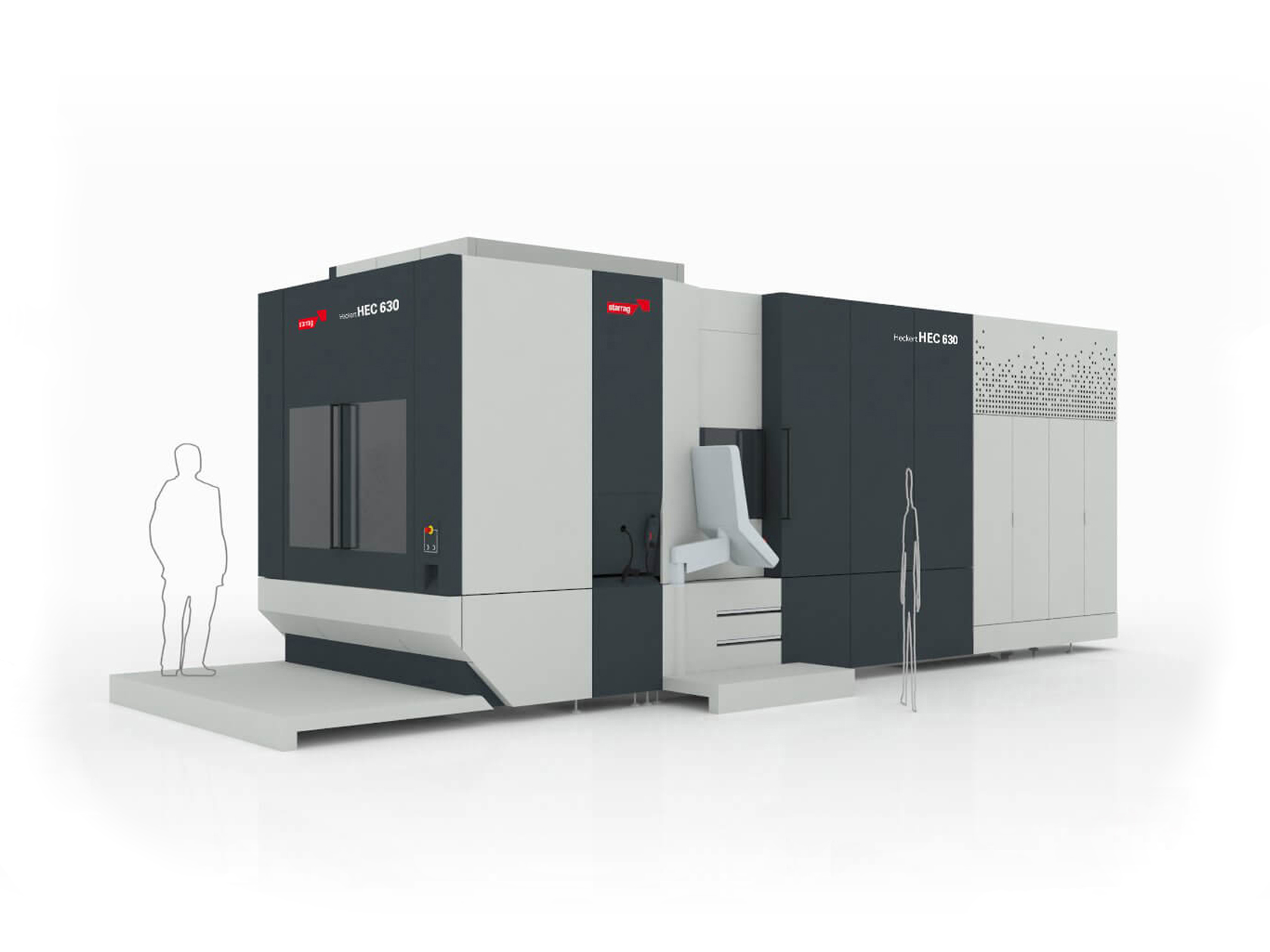 En stor, industriell CNC-maskin står på en plattform med kontrollpanel och trappsteg. Två förenklade humanoida figurer illustreras i närheten för skalajämförelse.