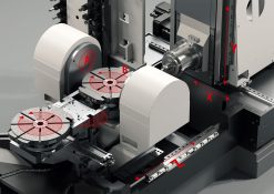 Industrial Starrag-Heckert T-serien horisontella fleroperationsmaskiner med svarsfunktion för 5-axlig bearbetning med märkta delar för utbildningsändamål.