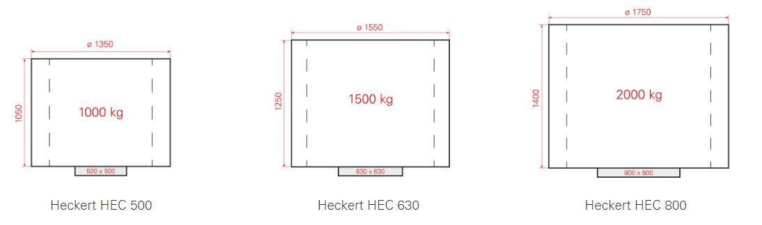 Tekniska diagram över tre Starrag-Heckert Athletic-seriens bearbetningsanläggningar, inklusive en Medelstor allroundmaskin, med varierande dimensioner och vikter: hec 500, hec 630 och hec 800
