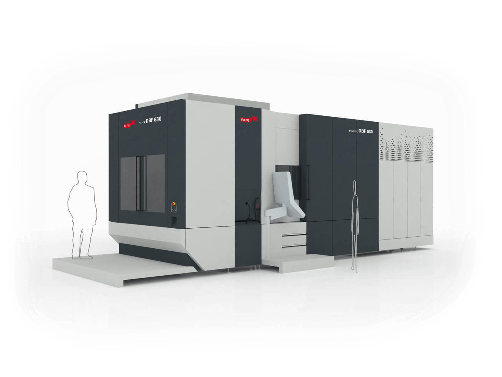 Industriellt maskineri, närmare bestämt en Starrag-Heckert DBF-serie som utför svarvning, borrning, fräsning i en uppsättning, med en kontrollpanel som kan anpassas till en CNC-maskindesign. Detta inkluderar två mänskliga silhuetter.