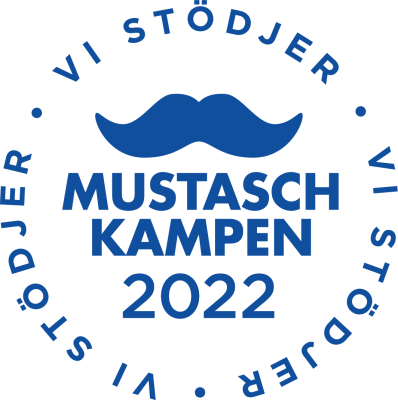 Logotyp för "mustaschkampen 2022" med stiliserad mustasch och text arrangerad i ett cirkulärt mönster.
