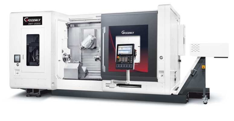 Industrial Goodway GMT-2000 LS CNC-svarvmaskin för precisionsbearbetning, en kostnadseffektiv multifunktionell lösning som kombinerar 5-axlig fräsning och svarvning.