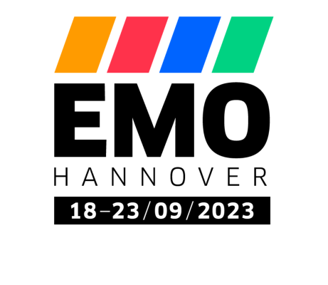 Abstrakt geometrisk design med färgade staplar och datum "18-23/09/2023" på en svart bakgrund, med "EMO 2023 i Hannover".